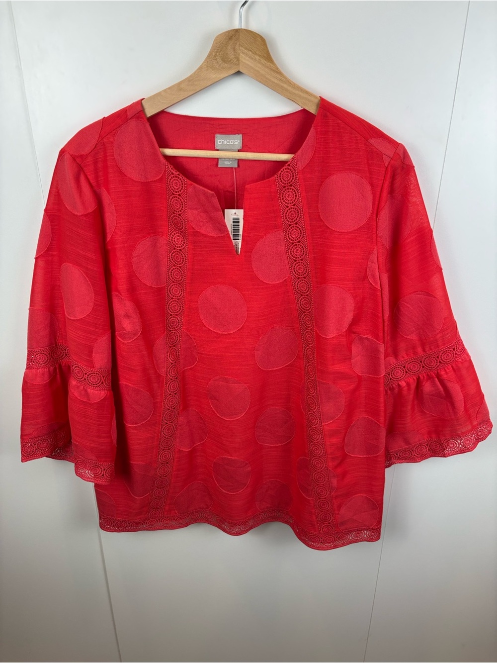 NWT Chico's Papaya Coral Lace Trim 3/4 Bell Sleeve Top Size 2 (L/12-14) Blouse